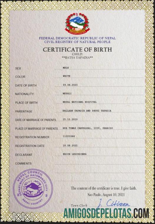 Em branco modelo PSD de certidão de nascimento de registro vital do Nepal